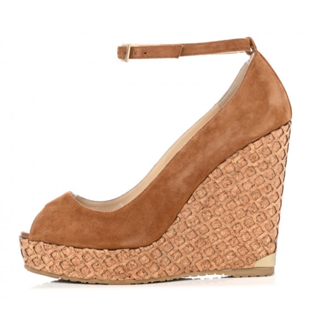 Jimmy Choo Tan Suede Wedge Sandals with Cork Platform